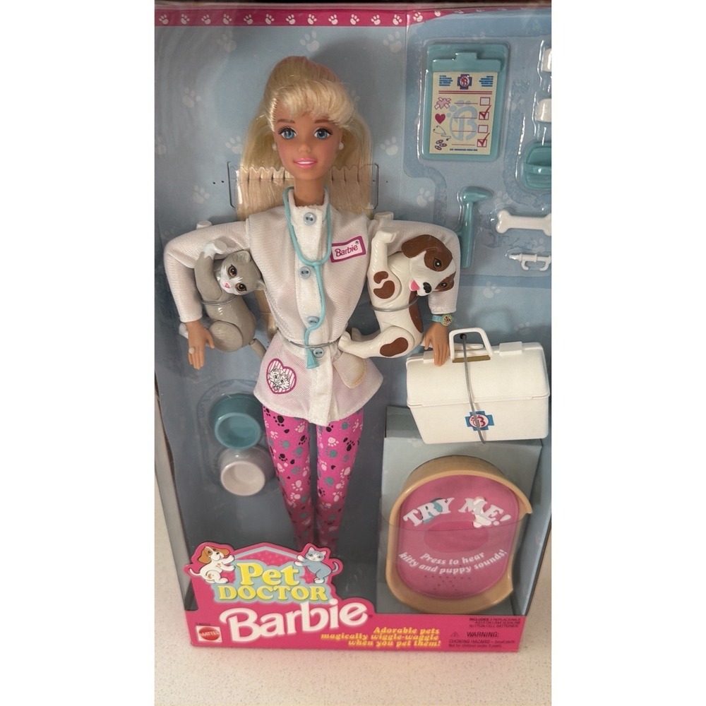 Vintage 1996 Vet Barbie Doll Pet Doctor Veterinarian & Wiggle Waggle Dog Cat NIB